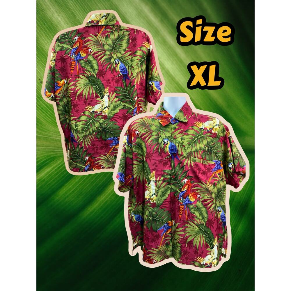 Rima Men’s Sz XL Short Sleeve Parrot Beach Camp Shirt Button Down RED